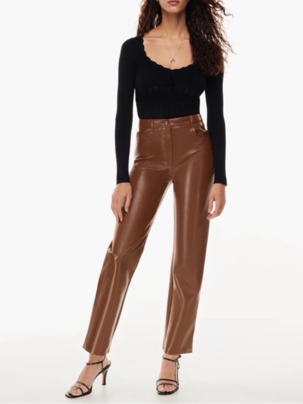 Aritzia Wilfred The Melina Vegan Faux Leather High Rise Pants in Cognac Brown 6